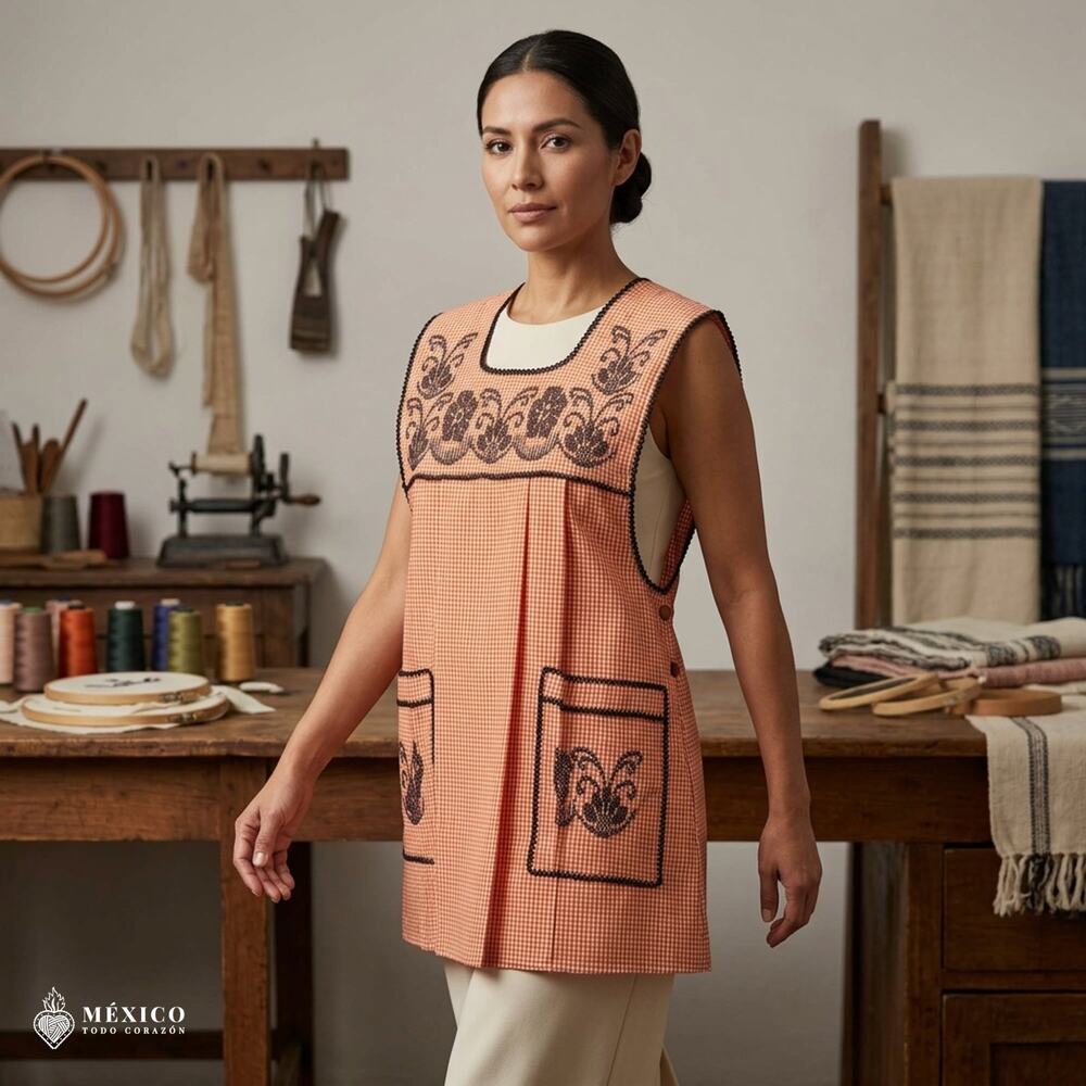 Traditional Mexican Cross-Stitch Embroidered Apron – Deluxe Artisan Smock Style